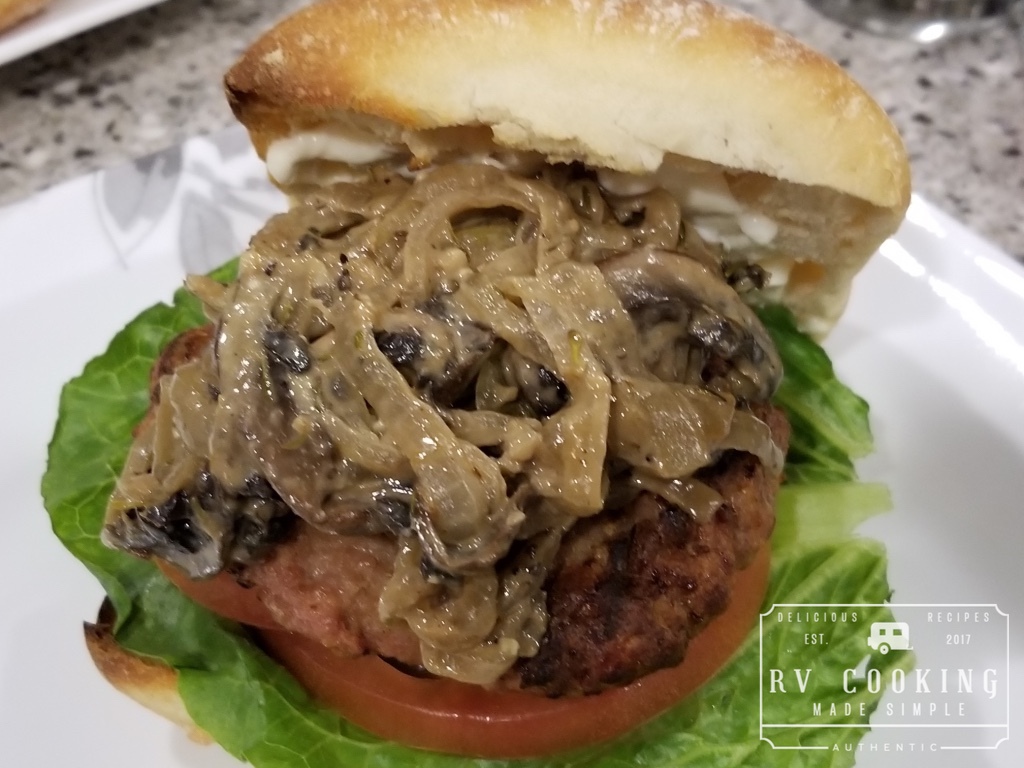 Turkey Burgers With Caramelized Onion Mushroom And Blue Cheese Sauce